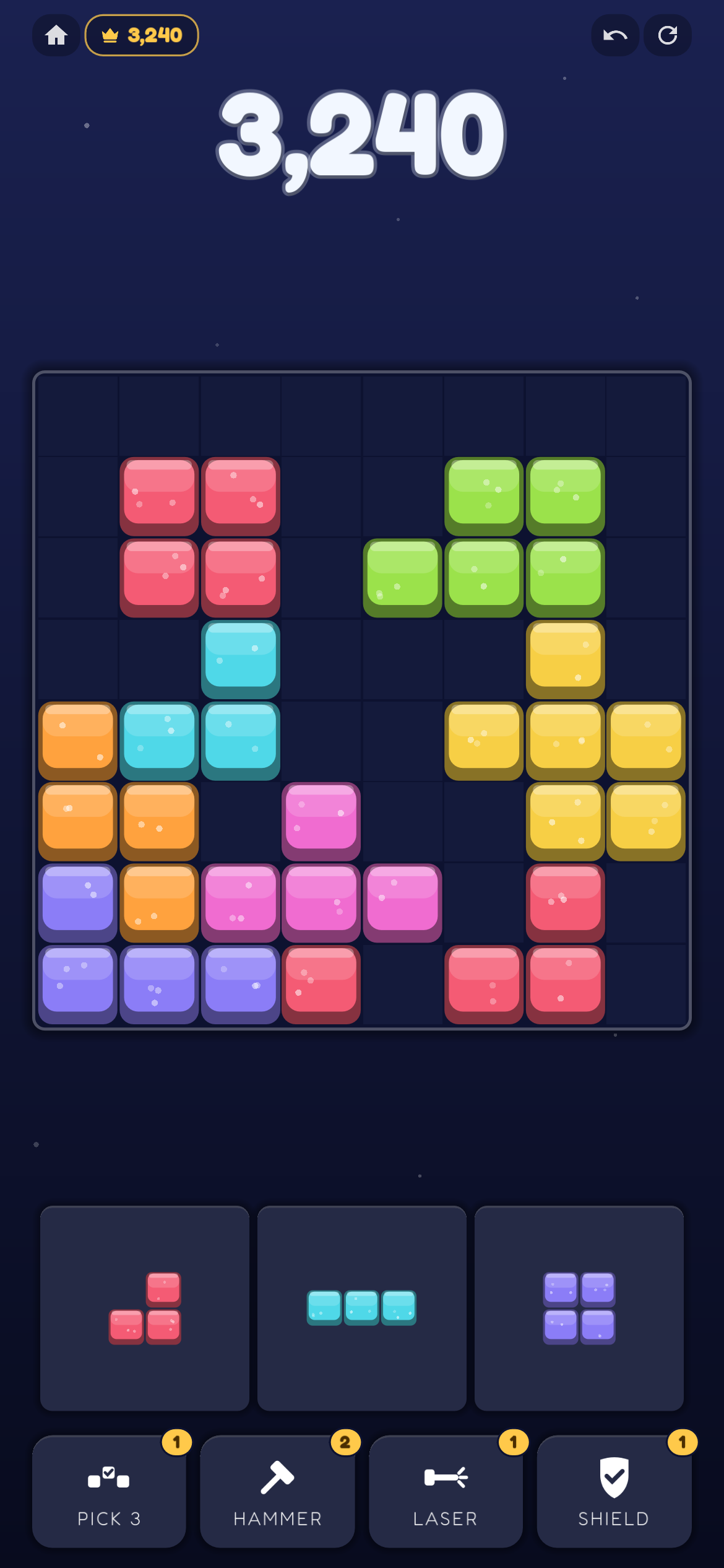 Grid Fill gameplay — mid-combo on the Nebula theme, a gold row about to clear